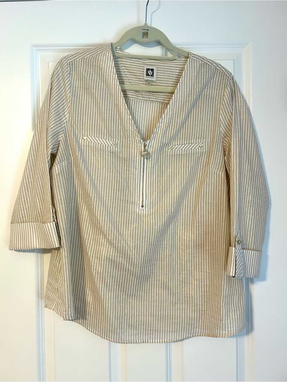 Anne Klein 3/4 sleeve gold metallic and cream stripe tunic top size large